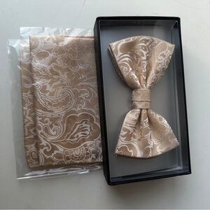 formal Men's Pre-tied Bow Tie & Hankie brown paisley pattern wedding OS
